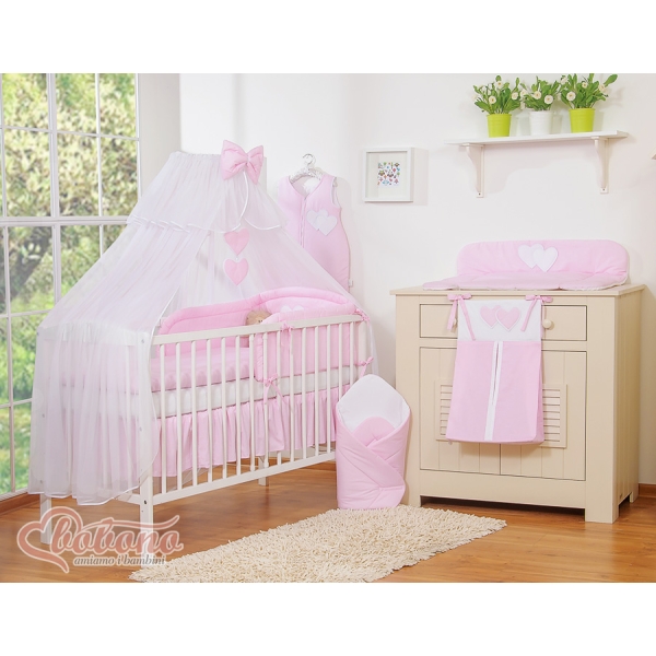 Set Biancheria da Culla con Zanzariera e Sacco Nanna 11 parti Rosa a Strisce Cuori