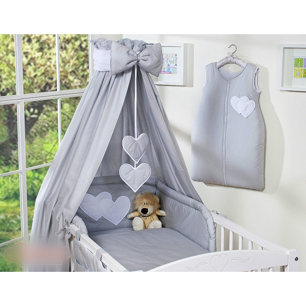 Set Biancheria da Lettino con Baldacchino 7 parti Grigio Cuori