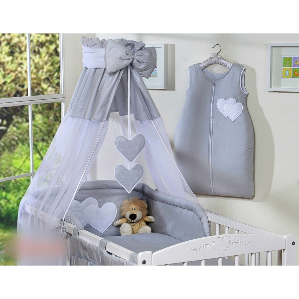 Set Biancheria da Lettino con Baldacchino 7 parti Grigio Cuori