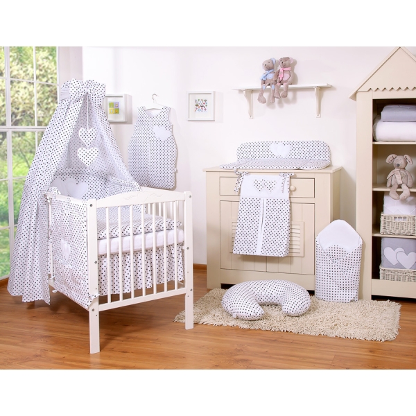Set Biancheria da Lettino con Baldacchino 7 parti Nero Pois Bianchi Cuori