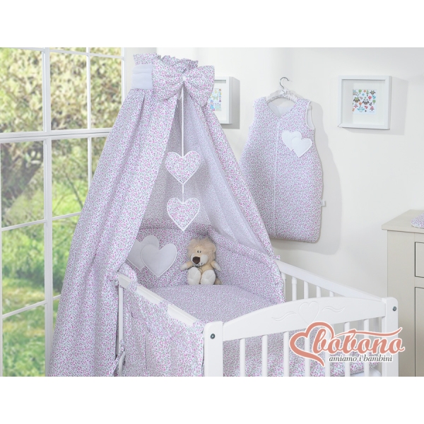 Set Biancheria da Lettino con Baldacchino 7 parti Rosa Fiori Fiori Cuori