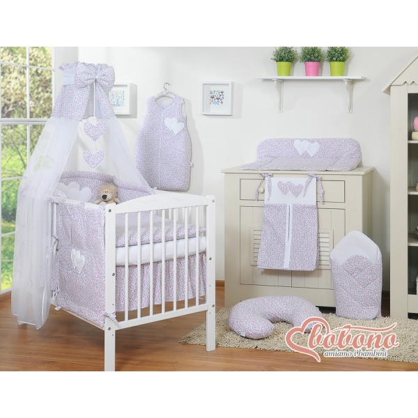 Set Biancheria da Lettino con Baldacchino 7 parti Rosa Fiori Fiori Cuori