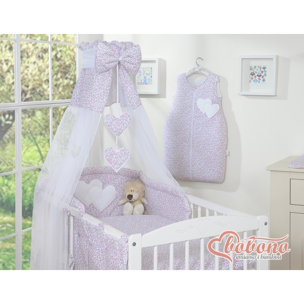 Set Biancheria da Lettino con Baldacchino 7 parti Rosa Fiori Fiori Cuori