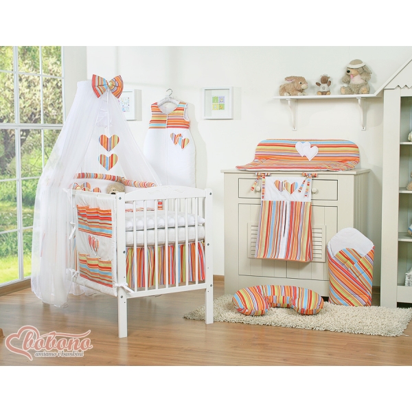 Set Biancheria da Lettino con Zanzariera 7 parti Arancio a Strisce Cuori