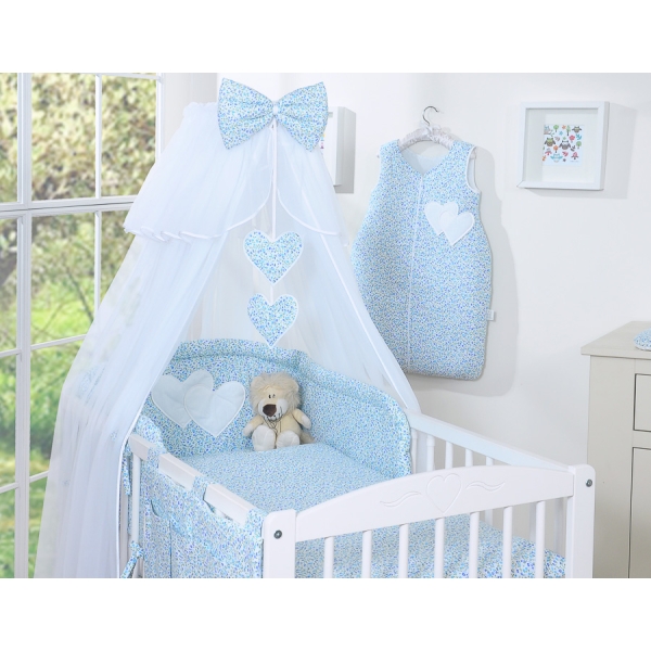 Set Biancheria da Lettino con Zanzariera 7 parti Blu Fiori Fiori Cuori