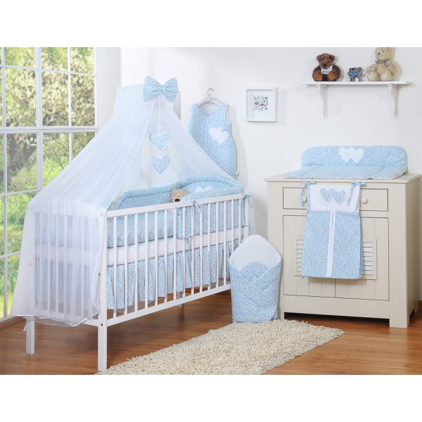 Set Biancheria da Lettino con Zanzariera 7 parti Blu Fiori Fiori Cuori