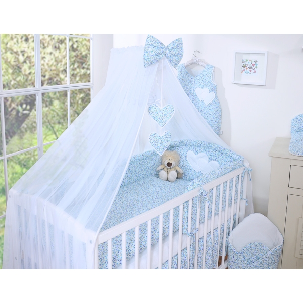 Set Biancheria da Lettino con Zanzariera 7 parti Blu Fiori Fiori Cuori