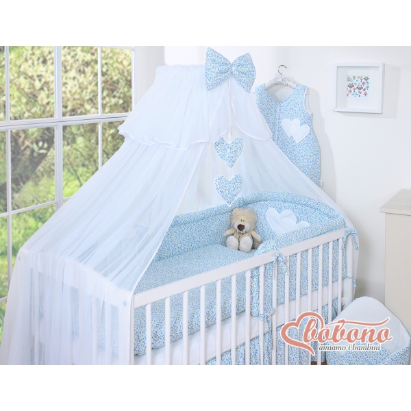 Set Biancheria da Lettino con Zanzariera 7 parti Blu Fiori Fiori Cuori