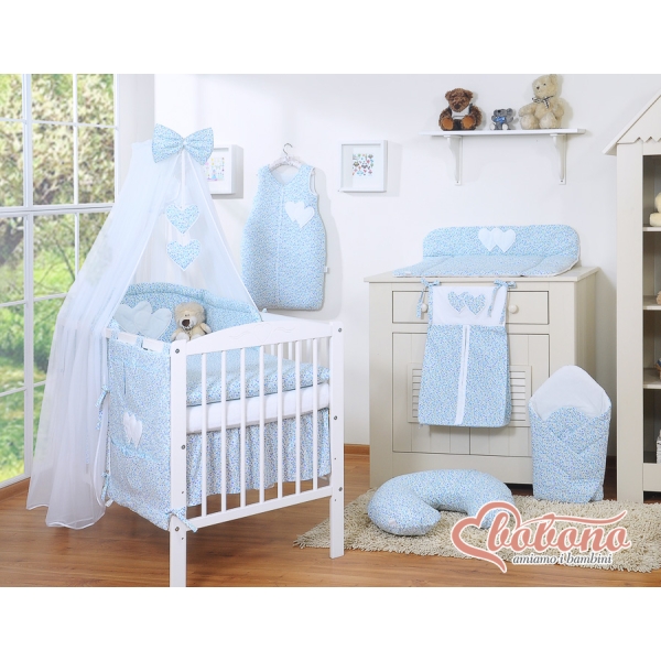 Set Biancheria da Lettino con Zanzariera 7 parti Blu Fiori Fiori Cuori