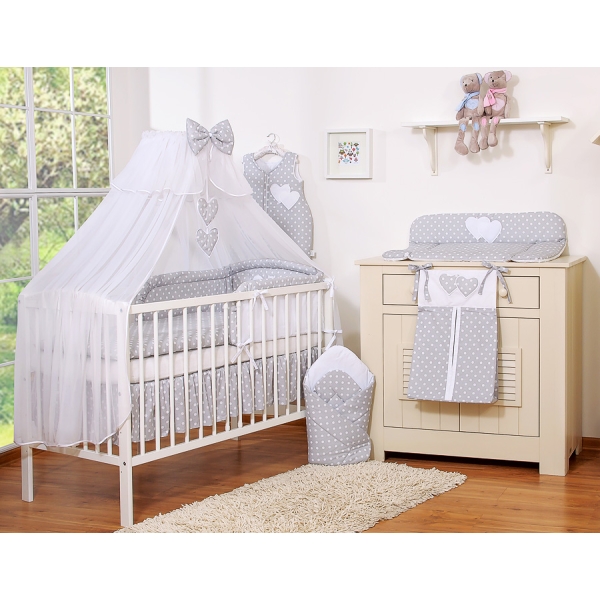 Set Biancheria da Lettino con Zanzariera 7 parti Grigio Pois Bianchi Cuori