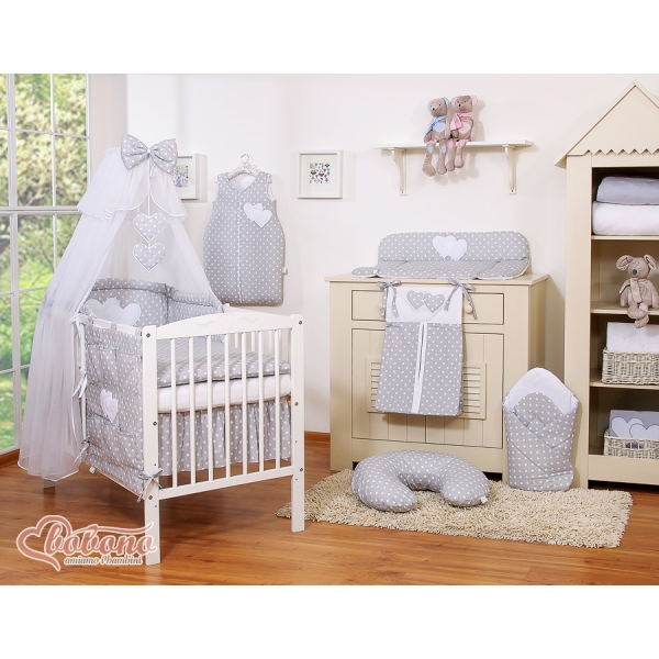 Set Biancheria da Lettino con Zanzariera 7 parti Grigio Pois Bianchi Cuori