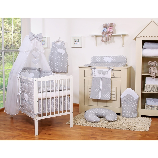 Set Biancheria da Lettino con Zanzariera 7 parti Grigio Pois Bianchi Cuori