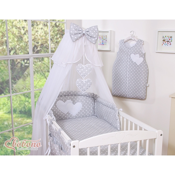 Set Biancheria da Lettino con Zanzariera 7 parti Grigio Pois Bianchi Cuori
