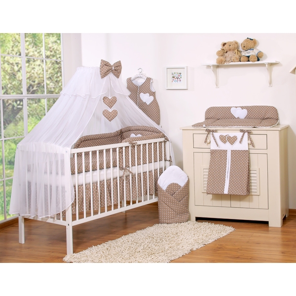 Set Biancheria da Lettino con Zanzariera 7 parti Marrone Pois Bianchi Cuori
