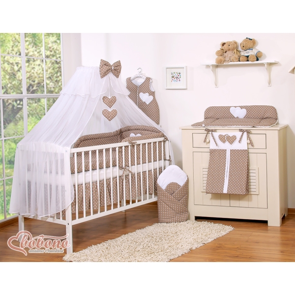 Set Biancheria da Lettino con Zanzariera 7 parti Marrone Pois Bianchi Cuori