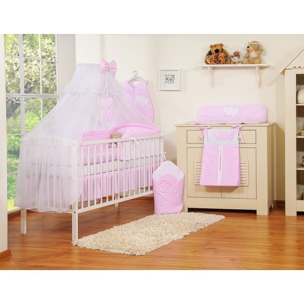 Set Biancheria da Lettino con Zanzariera 7 parti Rosa Pois Bianchi Cuori