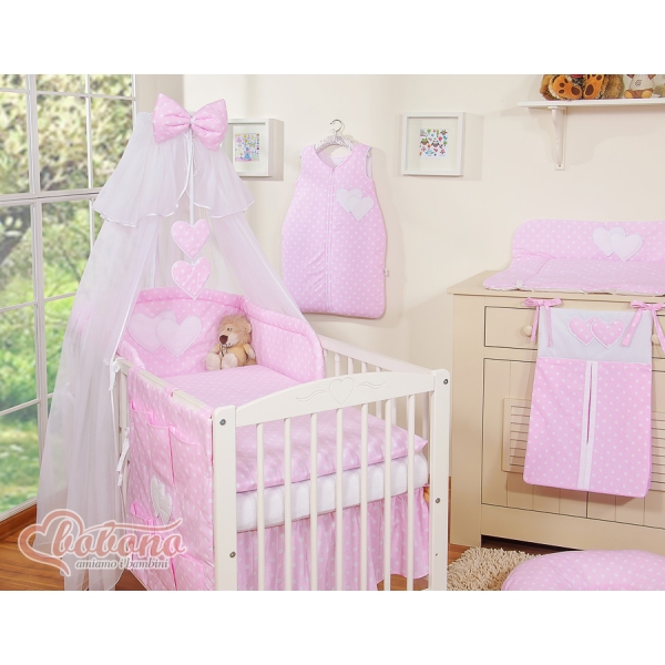Set Biancheria da Lettino con Zanzariera 7 parti Rosa Pois Bianchi Cuori
