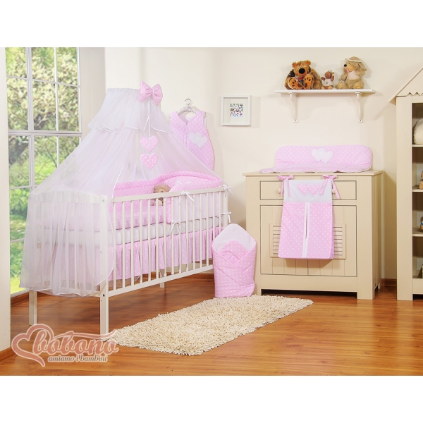 Set Biancheria da Lettino con Zanzariera 7 parti Rosa Pois Bianchi Cuori