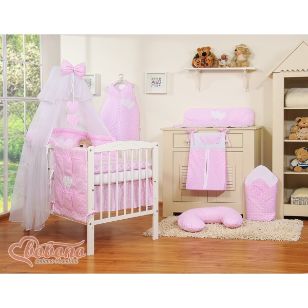Set Biancheria da Lettino con Zanzariera 7 parti Rosa Pois Bianchi Cuori