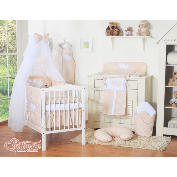 Set Biancheria da Lettino con Zanzariera e Paracolpi 11 parti Beige Pois Bianchi Cuori