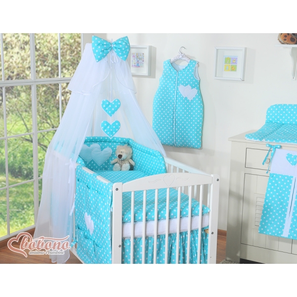 Set Biancheria da Lettino con Zanzariera e Paracolpi 11 parti Turchese Pois Bianchi Cuori