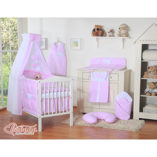 Set Biancheria da Letto con Baldacchino 5 parti Rosa Pois Bianchi Cuori
