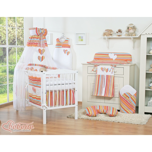 Set Biancheria da Letto con Baldacchino e Paracolpi 11 parti Arancio a Strisce Cuori