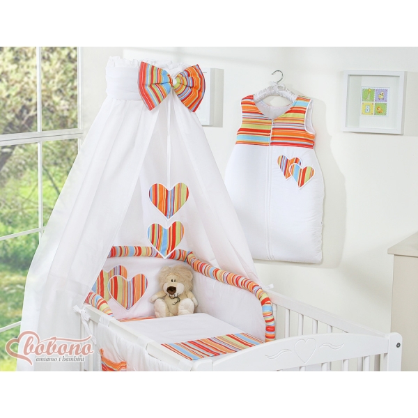 Set Biancheria da Letto con Baldacchino e Paracolpi 11 parti Arancio a Strisce Cuori