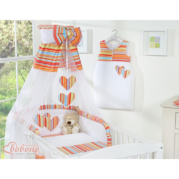 Set Biancheria da Letto con Baldacchino e Paracolpi 11 parti Arancio a Strisce Cuori