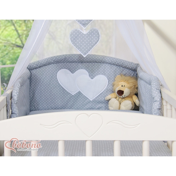 Set Biancheria da Letto con Baldacchino e Paracolpi 11 parti Grigio Pois Bianchi Cuori