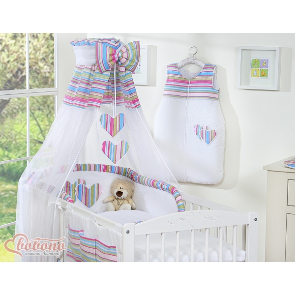 Set Biancheria da Letto con Baldacchino e Paracolpi 11 parti Lilla a Strisce Cuori