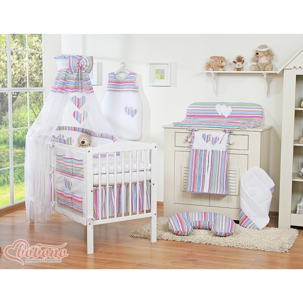 Set Biancheria da Letto con Baldacchino e Paracolpi 11 parti Lilla a Strisce Cuori