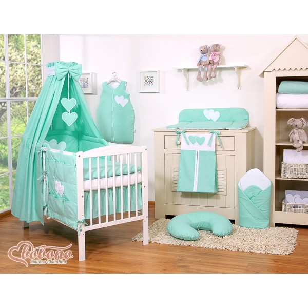 Set Biancheria da Letto con Baldacchino e Paracolpi 11 parti Menta Cuori