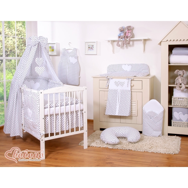 Set Biancheria da Letto con Baldacchino e Paracolpi 11 parti Nero Pois Bianchi Cuori