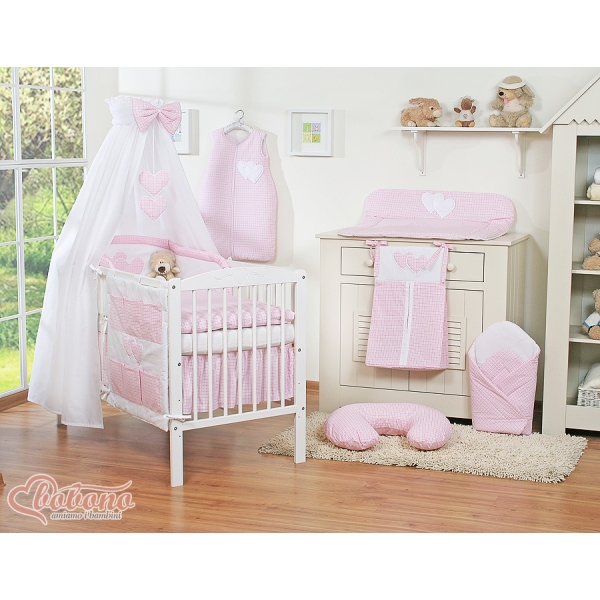 Set Biancheria da Letto con Baldacchino e Paracolpi 11 parti Rosa a Scacchi Cuori