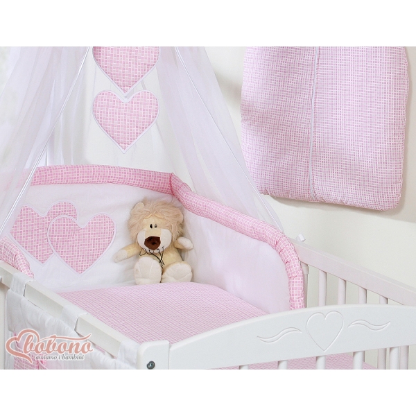 Set Biancheria da Letto con Baldacchino e Paracolpi 11 parti Rosa a Scacchi Cuori