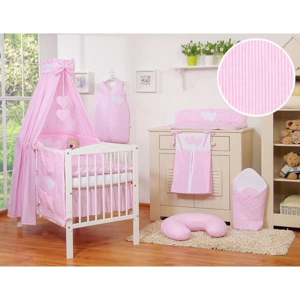 Set Biancheria da Letto con Baldacchino e Paracolpi 11 parti Rosa a Strisce Cuori