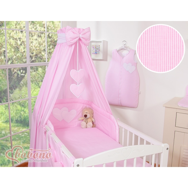 Set Biancheria da Letto con Baldacchino e Paracolpi 11 parti Rosa a Strisce Cuori