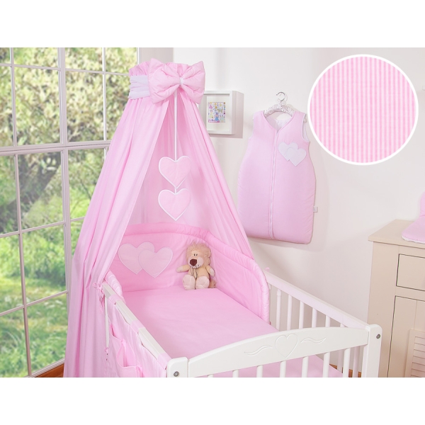 Set Biancheria da Letto con Baldacchino e Paracolpi 11 parti Rosa a Strisce Cuori