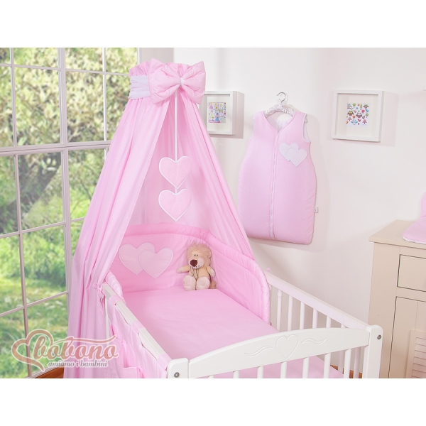 Set Biancheria da Letto con Baldacchino e Paracolpi 11 parti Rosa a Strisce Cuori