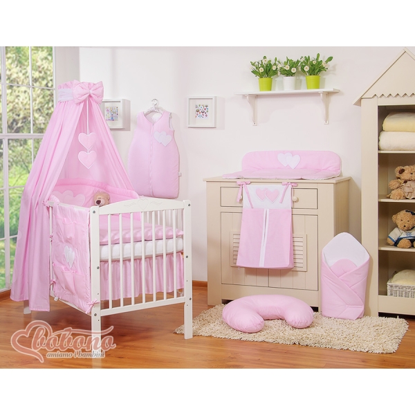 Set Biancheria da Letto con Baldacchino e Paracolpi 11 parti Rosa a Strisce Cuori
