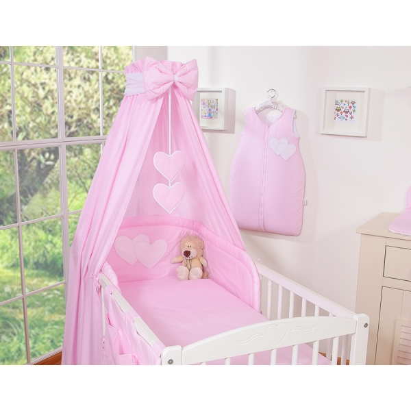 Set Biancheria da Letto con Baldacchino e Paracolpi 11 parti Rosa a Strisce Cuori