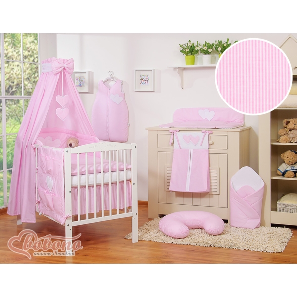 Set Biancheria da Letto con Baldacchino e Paracolpi 11 parti Rosa a Strisce Cuori