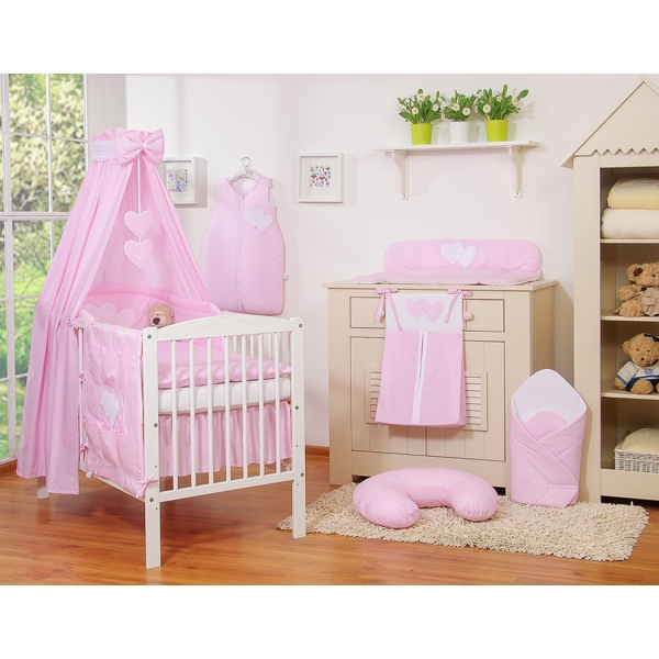 Set Biancheria da Letto con Baldacchino e Paracolpi 11 parti Rosa a Strisce Cuori