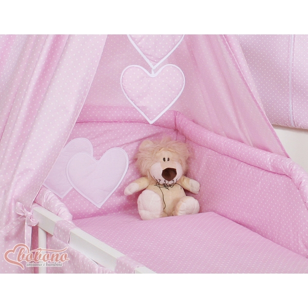 Set Biancheria da Letto con Baldacchino e Paracolpi 11 parti Rosa Pois Bianchi Cuori