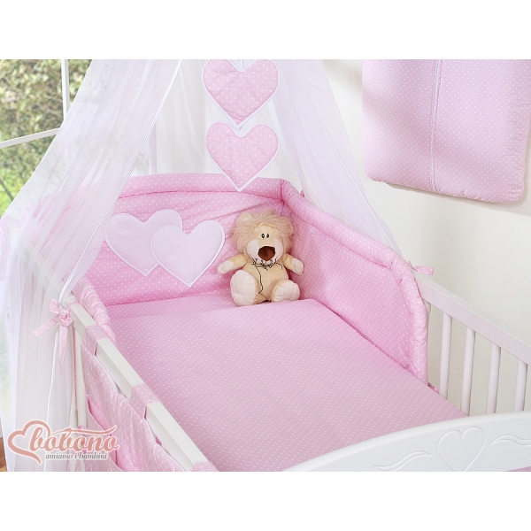Set Biancheria da Letto con Baldacchino e Paracolpi 11 parti Rosa Pois Bianchi Cuori