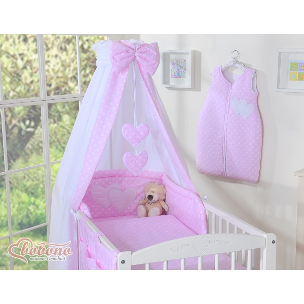 Set Biancheria da Letto con Baldacchino e Paracolpi 11 parti Rosa Pois Bianchi Cuori