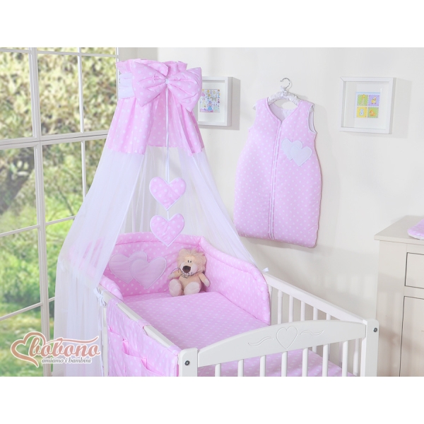 Set Biancheria da Letto con Baldacchino e Paracolpi 11 parti Rosa Pois Bianchi Cuori