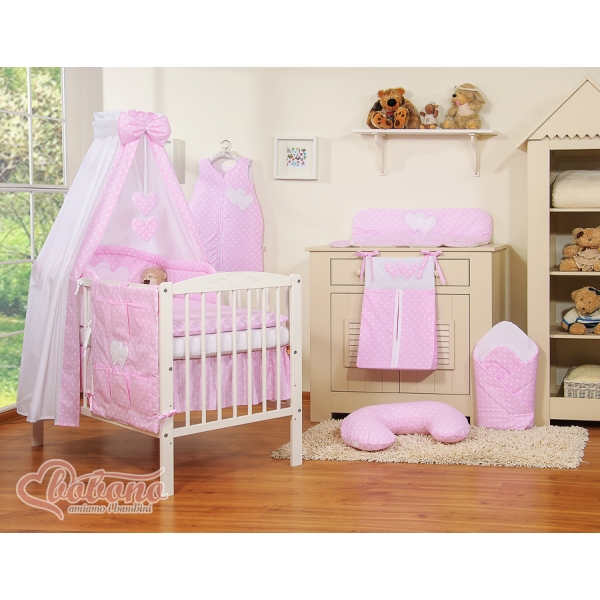 Set Biancheria da Letto con Baldacchino e Paracolpi 11 parti Rosa Pois Bianchi Cuori