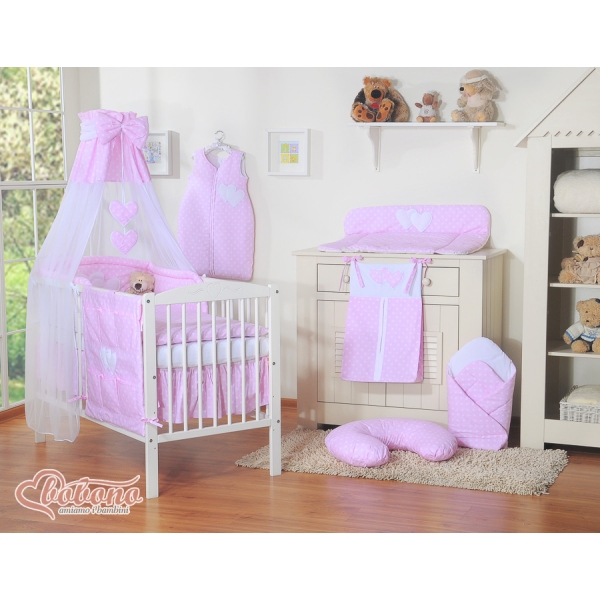 Set Biancheria da Letto con Baldacchino e Paracolpi 11 parti Rosa Pois Bianchi Cuori